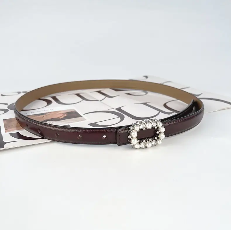 Thin Genuine Leather Belt with Pearl Rhinestone Decor — feature 14