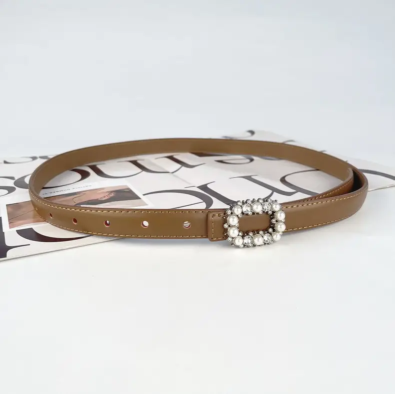 Thin Genuine Leather Belt with Pearl Rhinestone Decor — feature 15