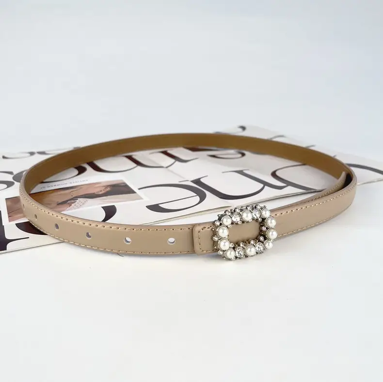 Thin Genuine Leather Belt with Pearl Rhinestone Decor — feature 16