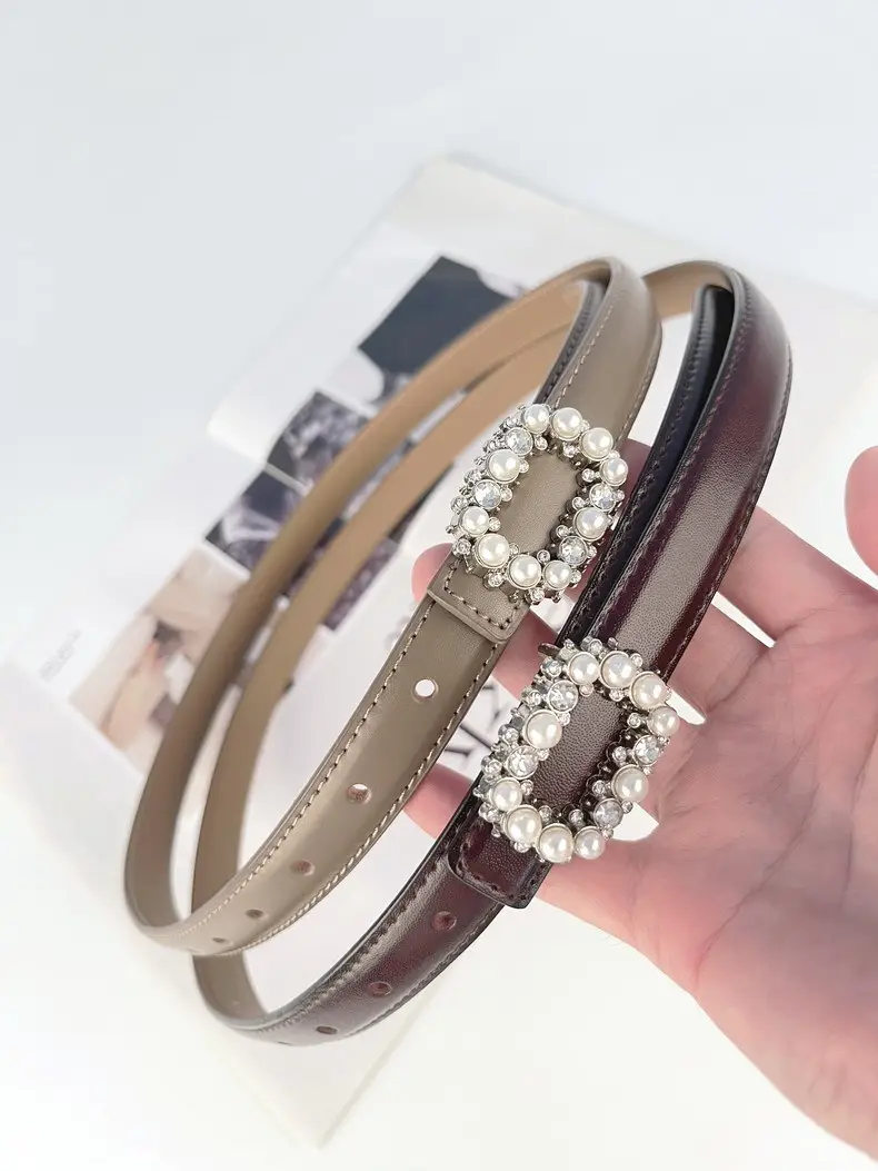 Thin Genuine Leather Belt with Pearl Rhinestone Decor — feature 17