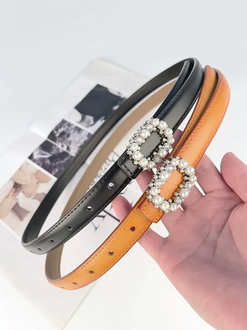 Thin Genuine Leather Belt with Pearl Rhinestone Decor — feature 19