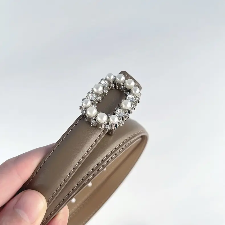 Thin Genuine Leather Belt with Pearl Rhinestone Decor — feature 3