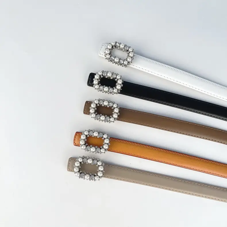 Thin Genuine Leather Belt with Pearl Rhinestone Decor — feature 5