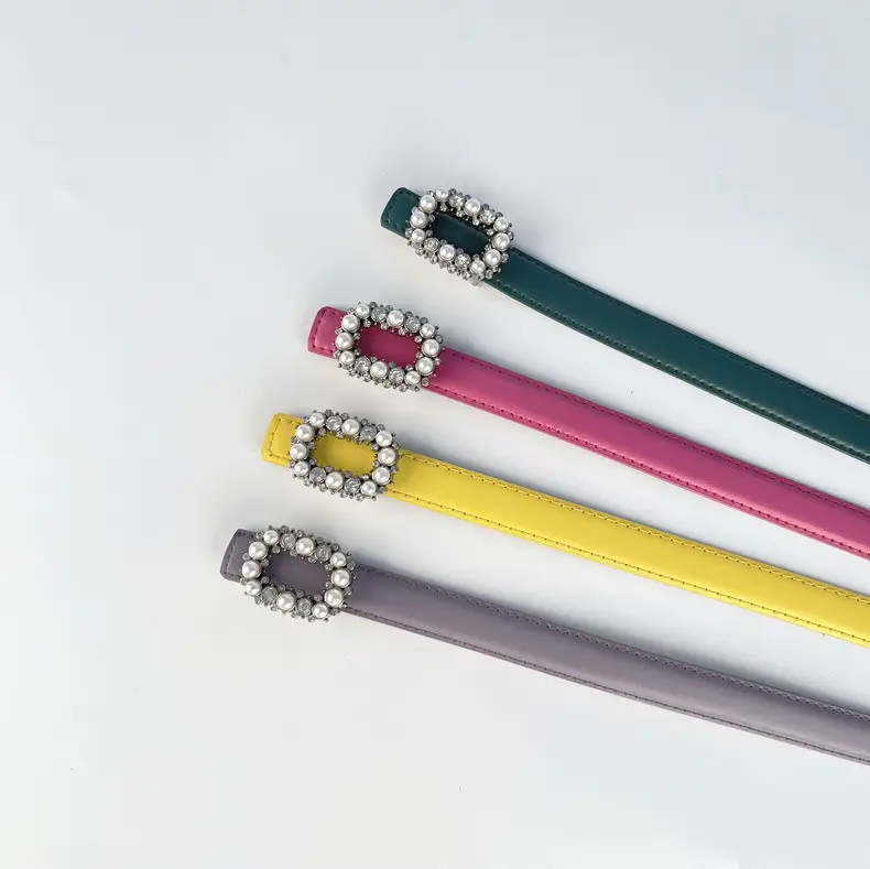 Thin Genuine Leather Belt with Pearl Rhinestone Decor — feature 6