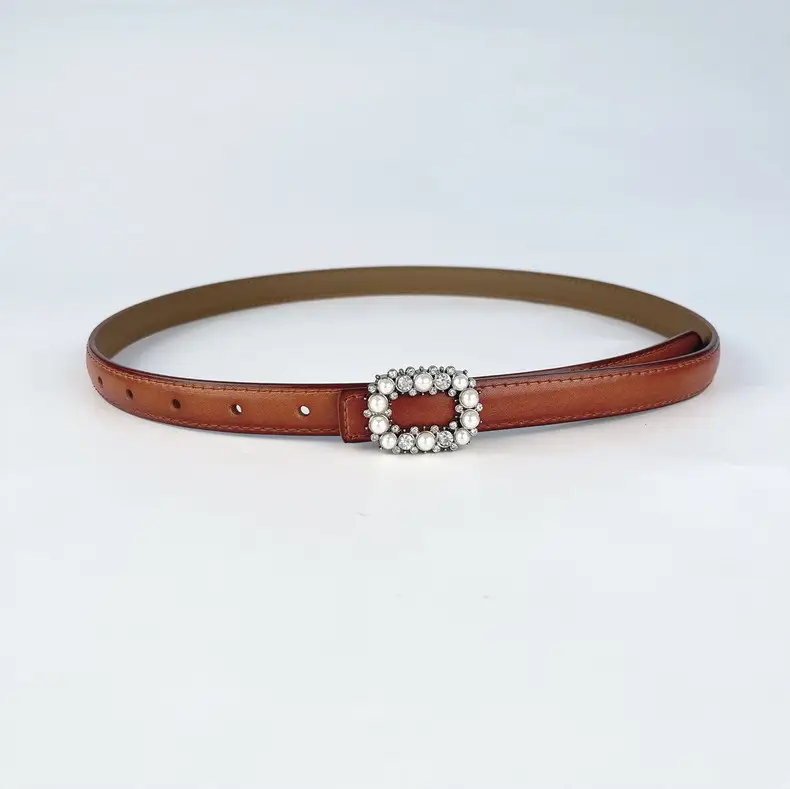 Thin Genuine Leather Belt with Pearl Rhinestone Decor — feature 9
