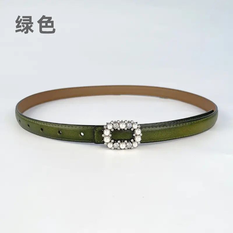 Thin Genuine Leather Belt with Pearl Rhinestone Decor - Image 10