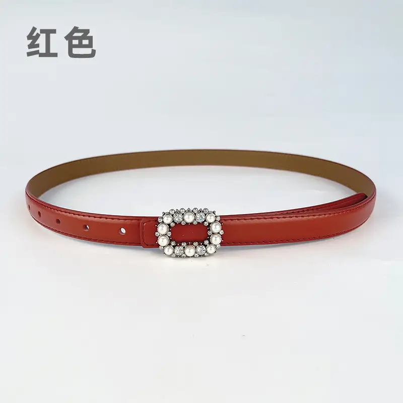 Thin Genuine Leather Belt with Pearl Rhinestone Decor - Image 11