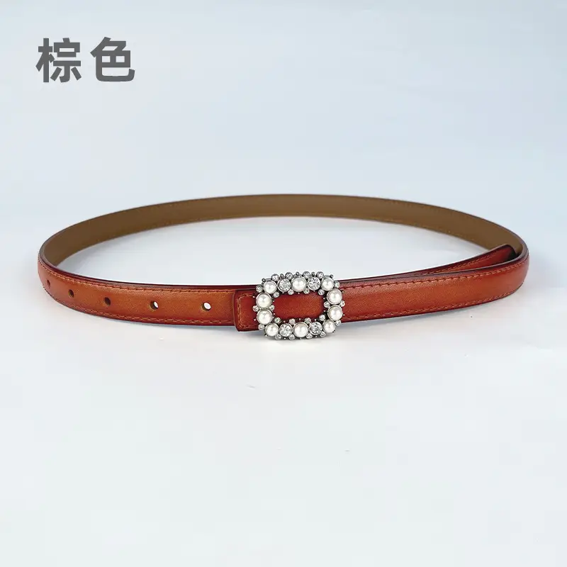 Thin Genuine Leather Belt with Pearl Rhinestone Decor - Image 13