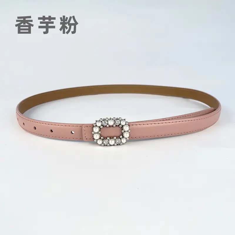 Thin Genuine Leather Belt with Pearl Rhinestone Decor - Image 14
