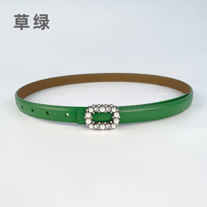 Thin Genuine Leather Belt with Pearl Rhinestone Decor - Image 15