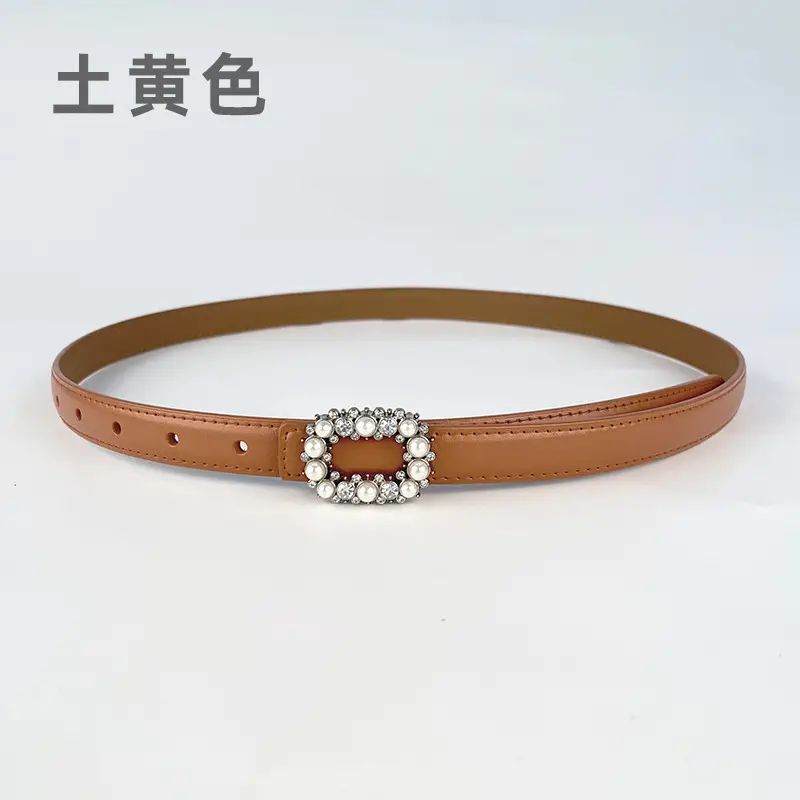 Thin Genuine Leather Belt with Pearl Rhinestone Decor - Image 16