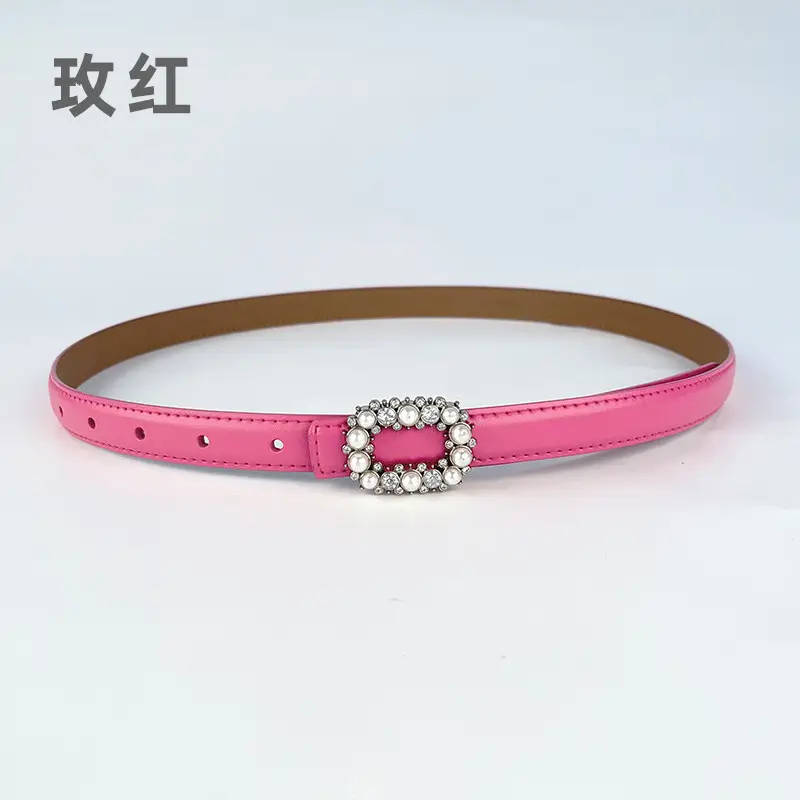 Thin Genuine Leather Belt with Pearl Rhinestone Decor - Image 17