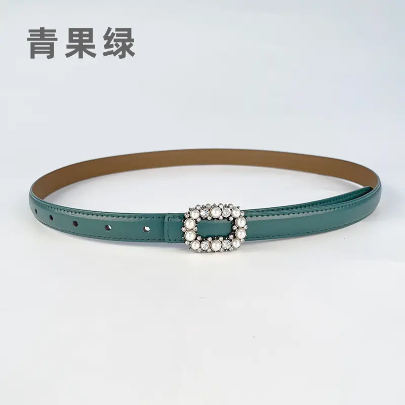 Thin Genuine Leather Belt with Pearl Rhinestone Decor - Image 18