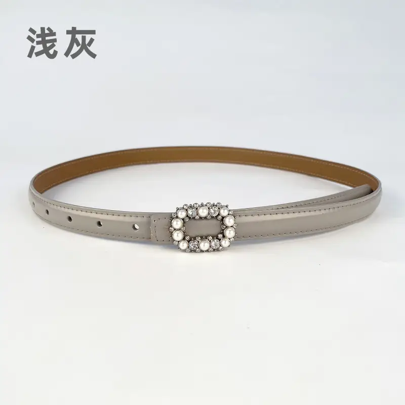 Thin Genuine Leather Belt with Pearl Rhinestone Decor - Image 19