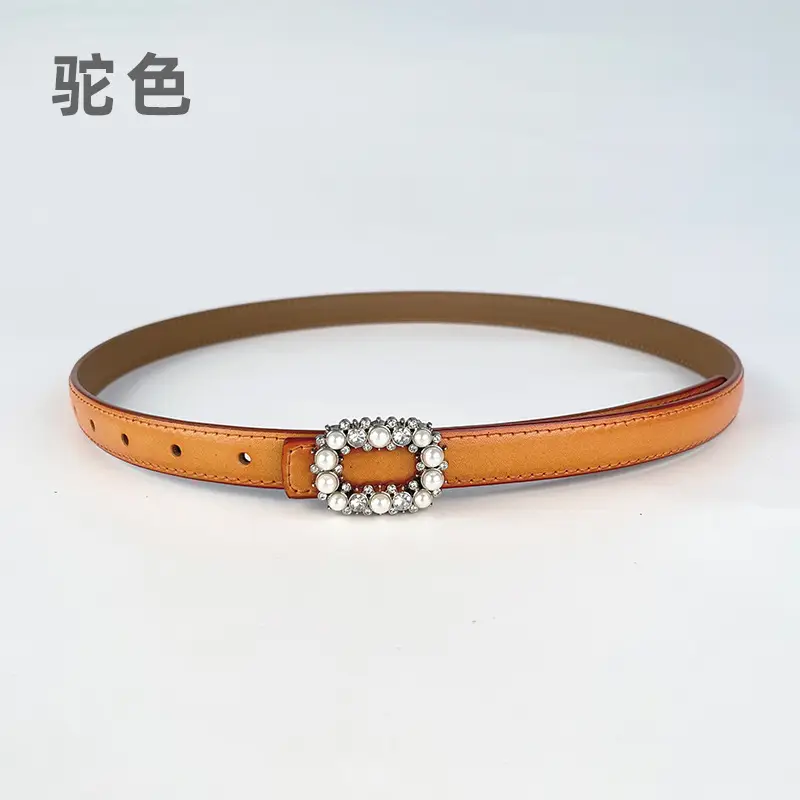 Thin Genuine Leather Belt with Pearl Rhinestone Decor - Image 2