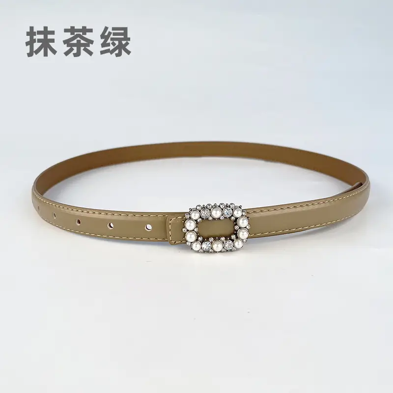 Thin Genuine Leather Belt with Pearl Rhinestone Decor - Image 20