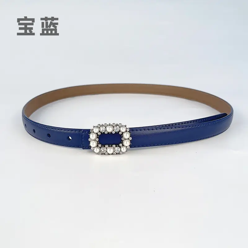 Thin Genuine Leather Belt with Pearl Rhinestone Decor - Image 21