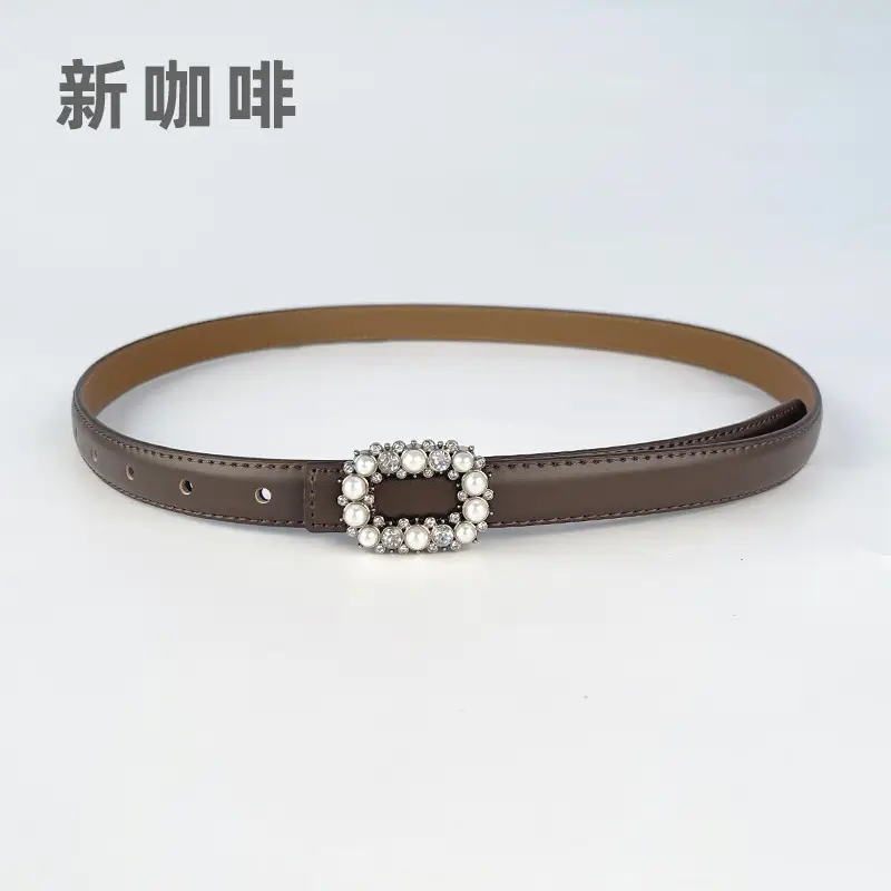 Thin Genuine Leather Belt with Pearl Rhinestone Decor - Image 22