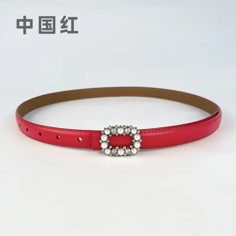 Thin Genuine Leather Belt with Pearl Rhinestone Decor - Image 23