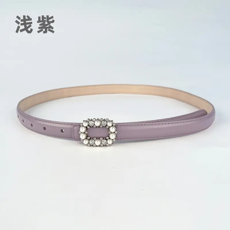 Thin Genuine Leather Belt with Pearl Rhinestone Decor - Image 24