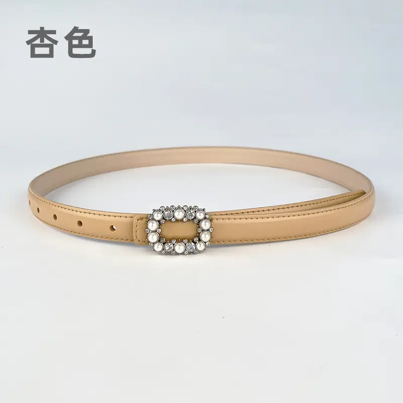 Thin Genuine Leather Belt with Pearl Rhinestone Decor - Image 25