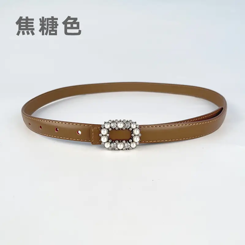 Thin Genuine Leather Belt with Pearl Rhinestone Decor - Image 3