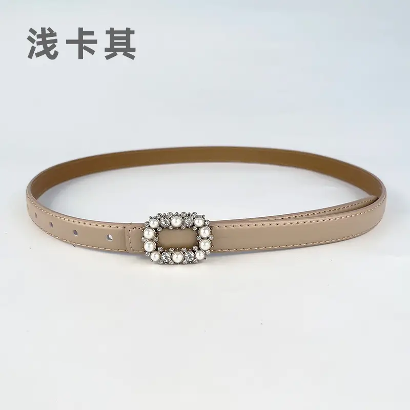 Thin Genuine Leather Belt with Pearl Rhinestone Decor - Image 4