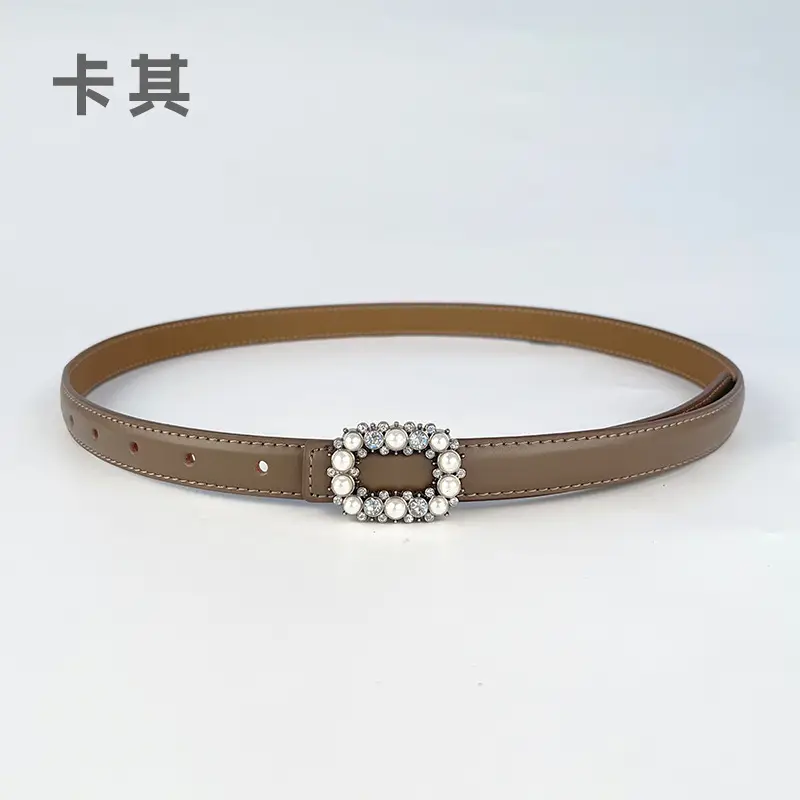 Thin Genuine Leather Belt with Pearl Rhinestone Decor - Image 5