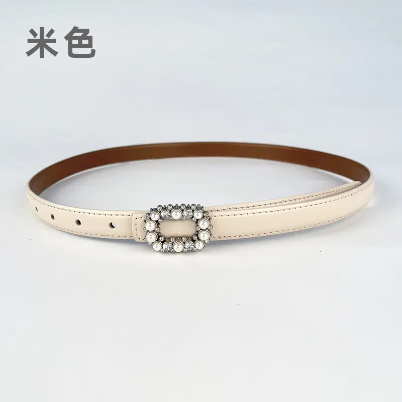Thin Genuine Leather Belt with Pearl Rhinestone Decor - Image 6
