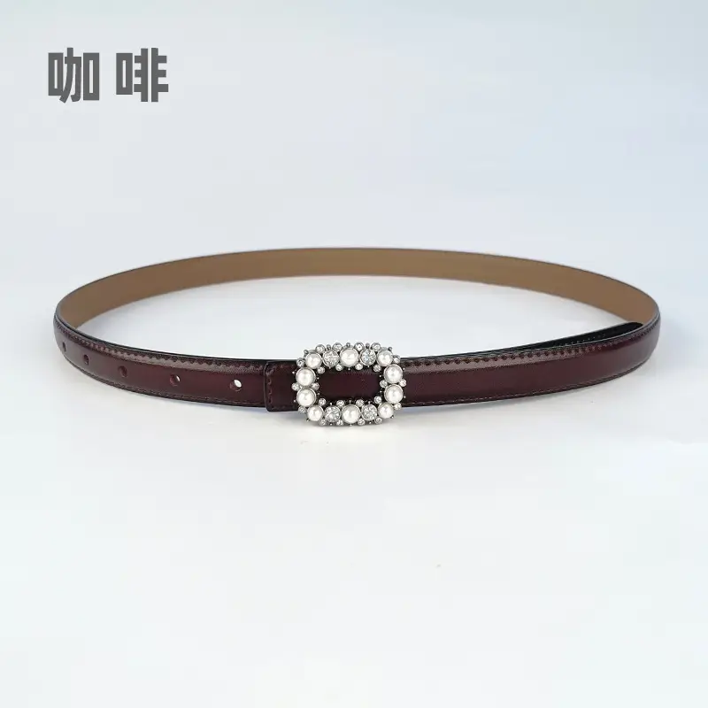 Thin Genuine Leather Belt with Pearl Rhinestone Decor - Image 7