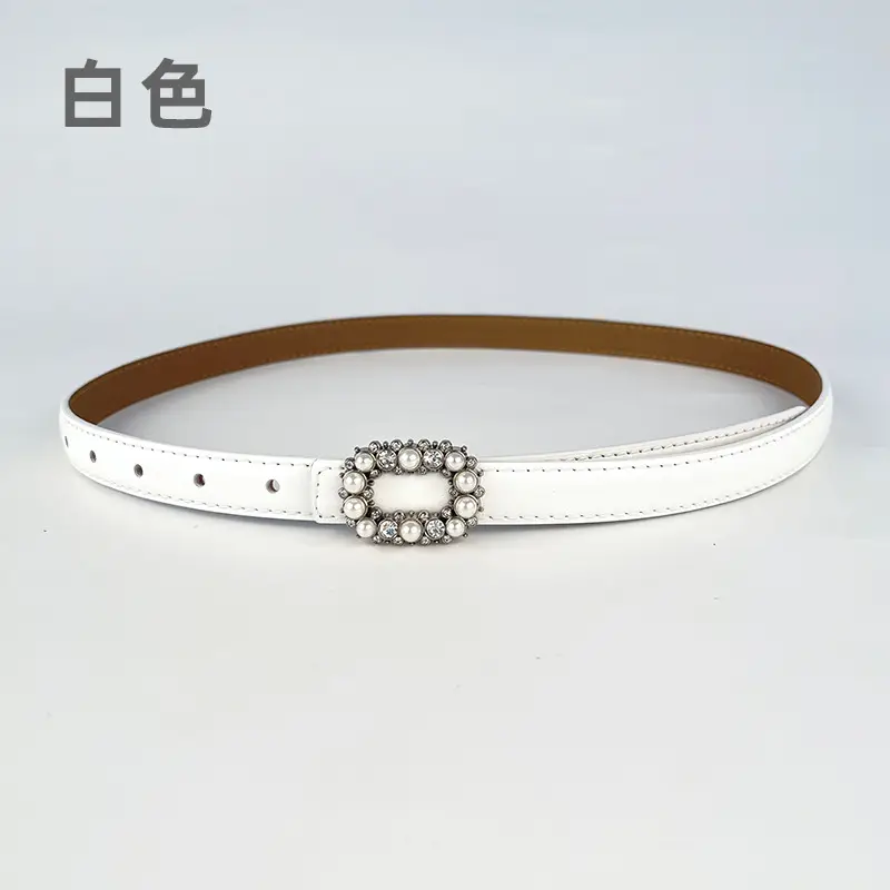 Thin Genuine Leather Belt with Pearl Rhinestone Decor - Image 8