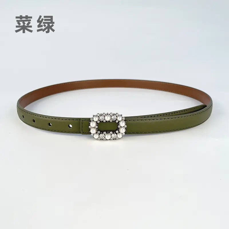 Thin Genuine Leather Belt with Pearl Rhinestone Decor - Image 9