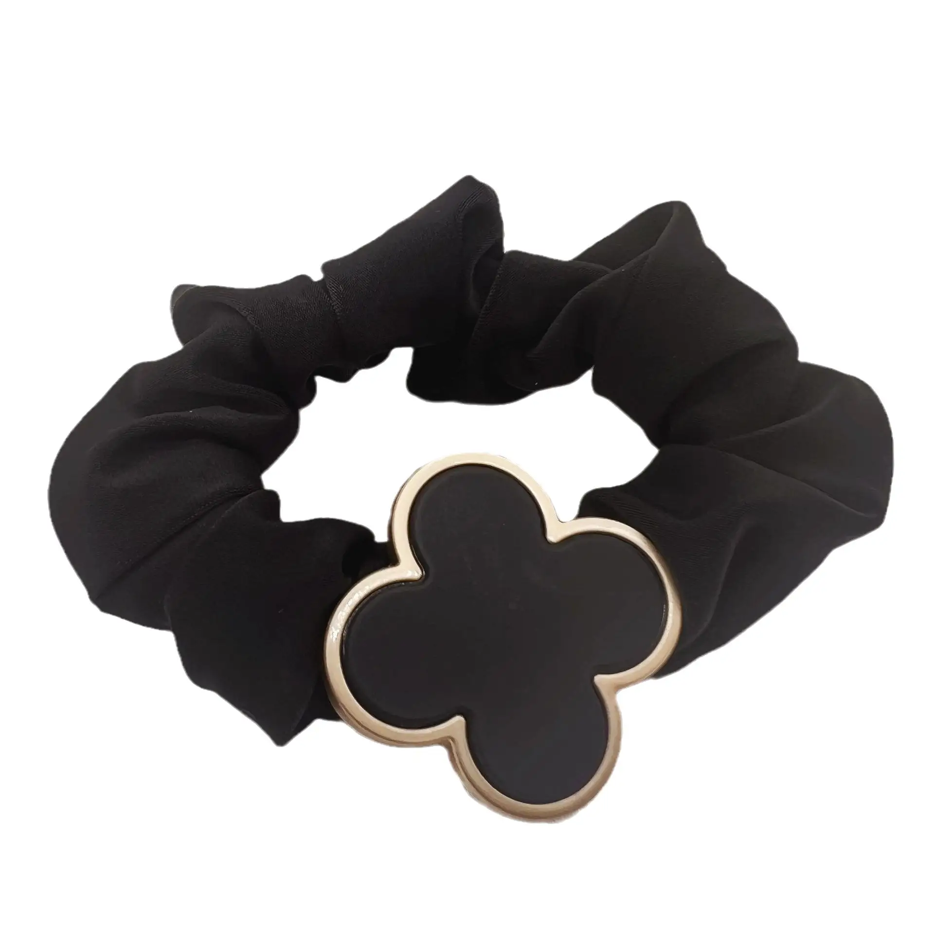 Black Retro French Hair Band with Gold Clover Design