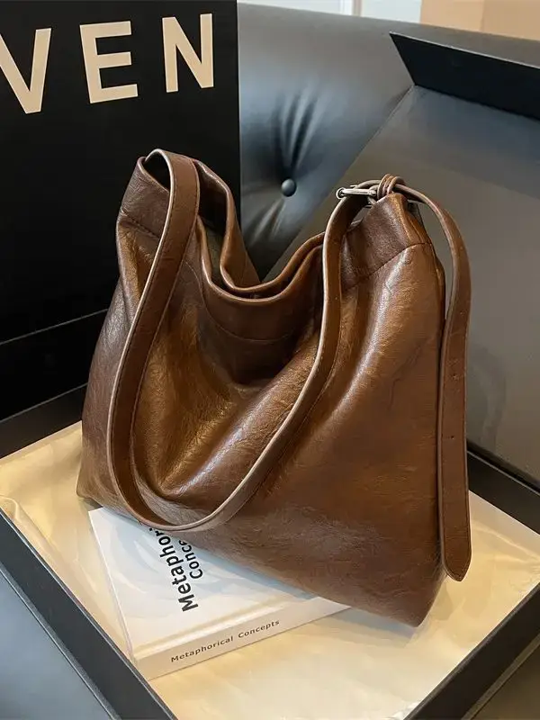 Retro Brown Leather Tote Bag for Women - Image 6