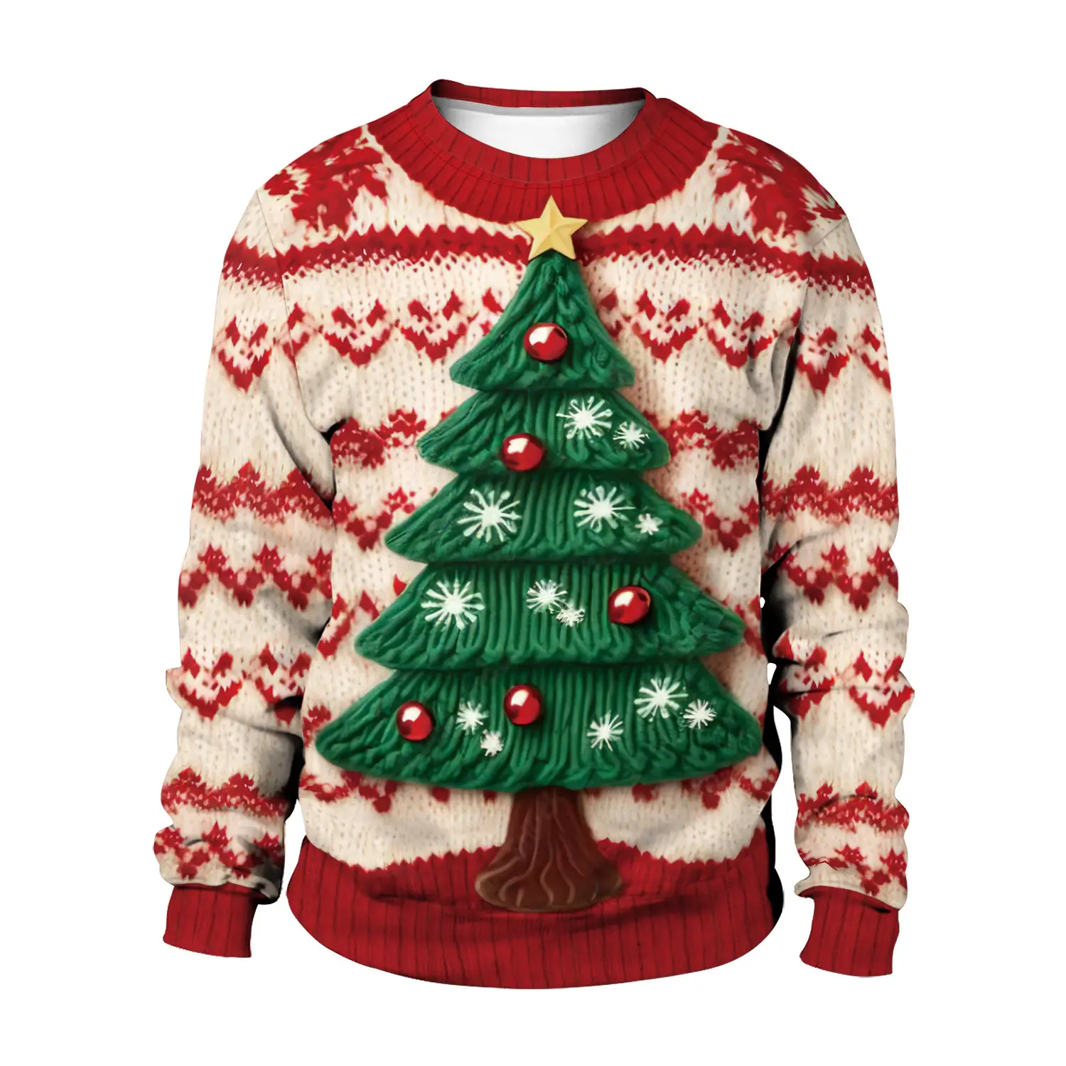 3D Christmas Tree Sweater Round Neck Red White