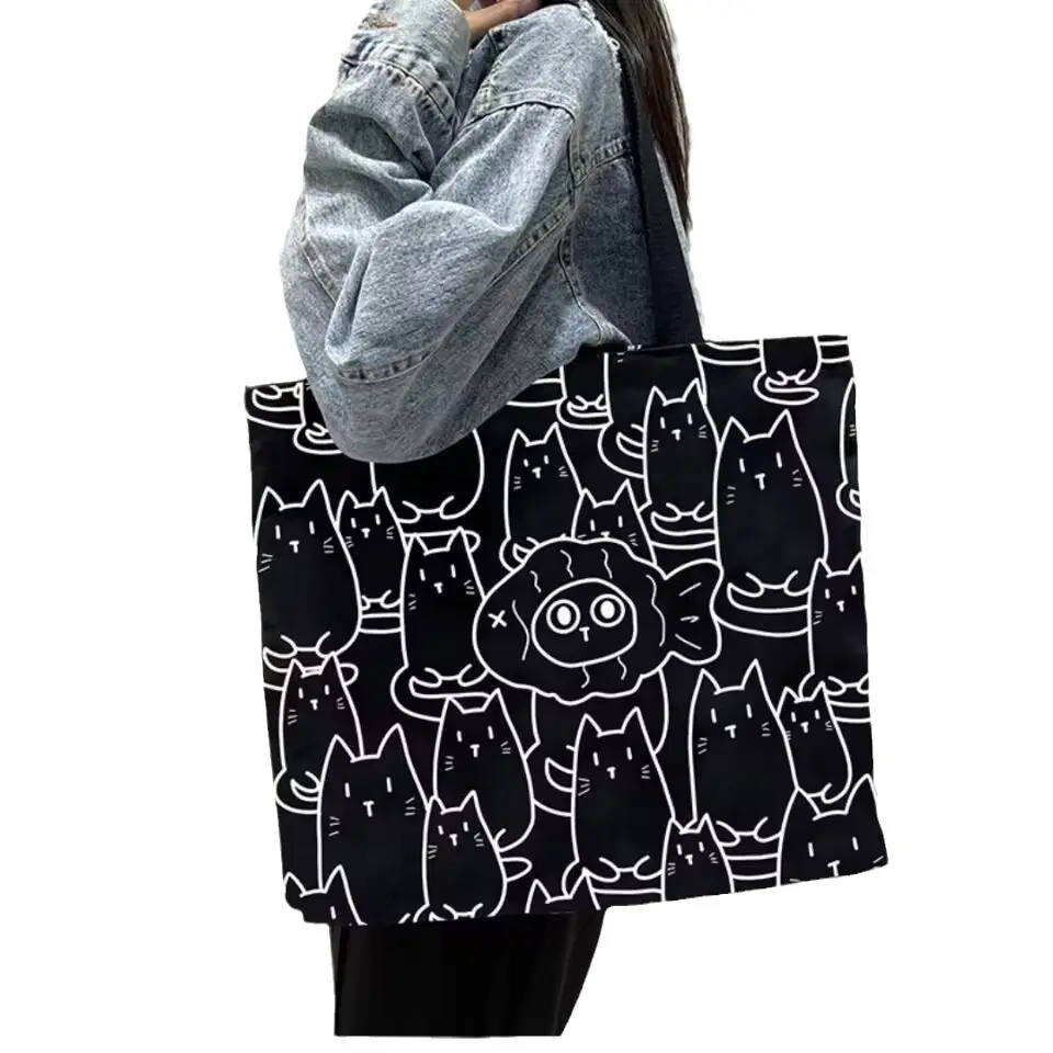 Black Printed Shoulder Bag Large Capacity Travel Tote - Image 6