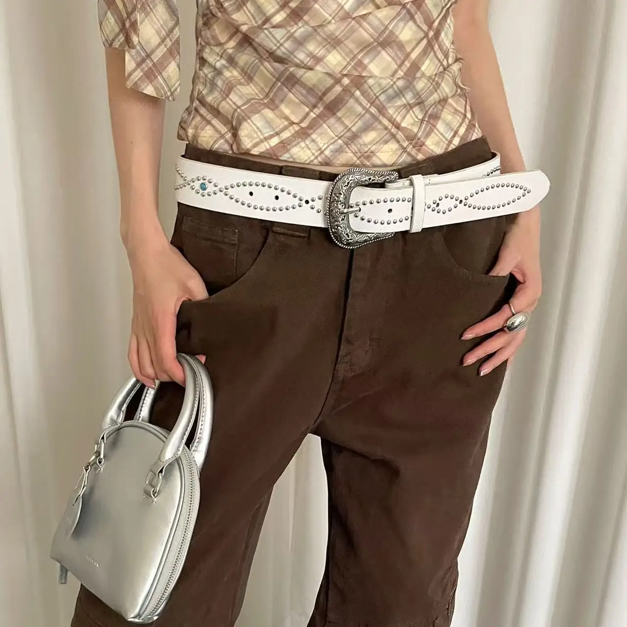 Trendy Punk Gem Belt for Women Black Brown Silver