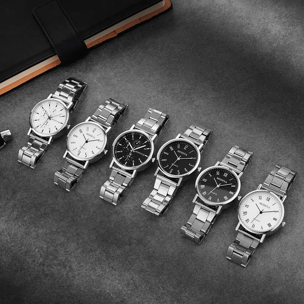 Men's Quartz Watch Set Silver Steel Band 5 Pcs - Image 3