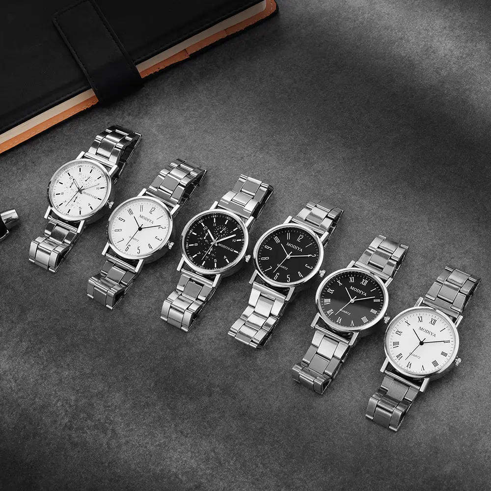 Men's Quartz Watch Set Silver Steel Band 5 Pcs — feature 8