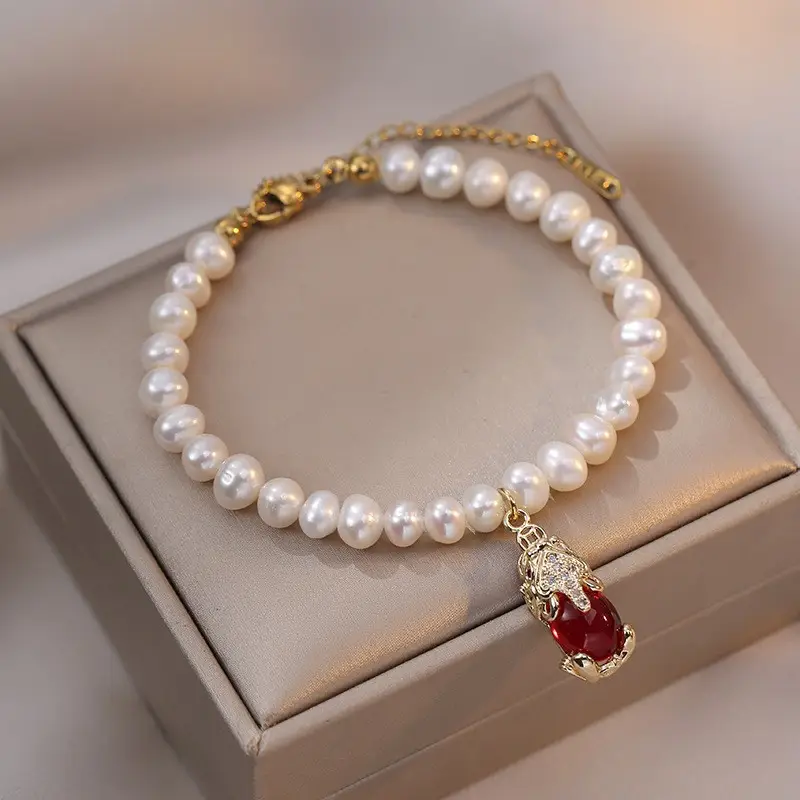 Freshwater Pearl Bracelet with Red Diamond Pendant for Women