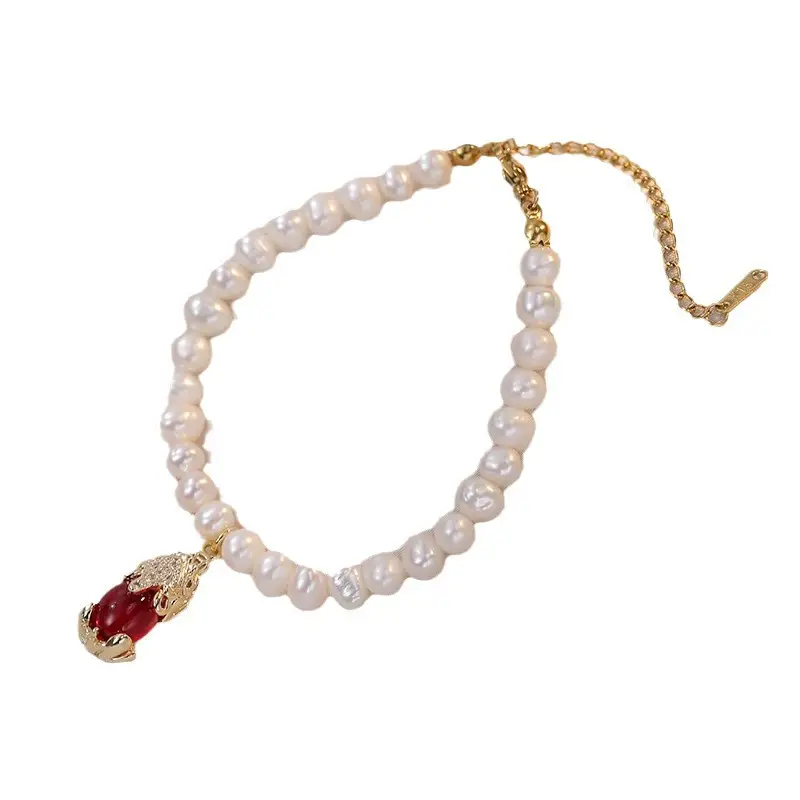 Freshwater Pearl Bracelet with Red Diamond Pendant for Women