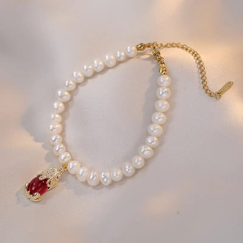 Freshwater Pearl Bracelet with Red Diamond Pendant for Women — feature 58