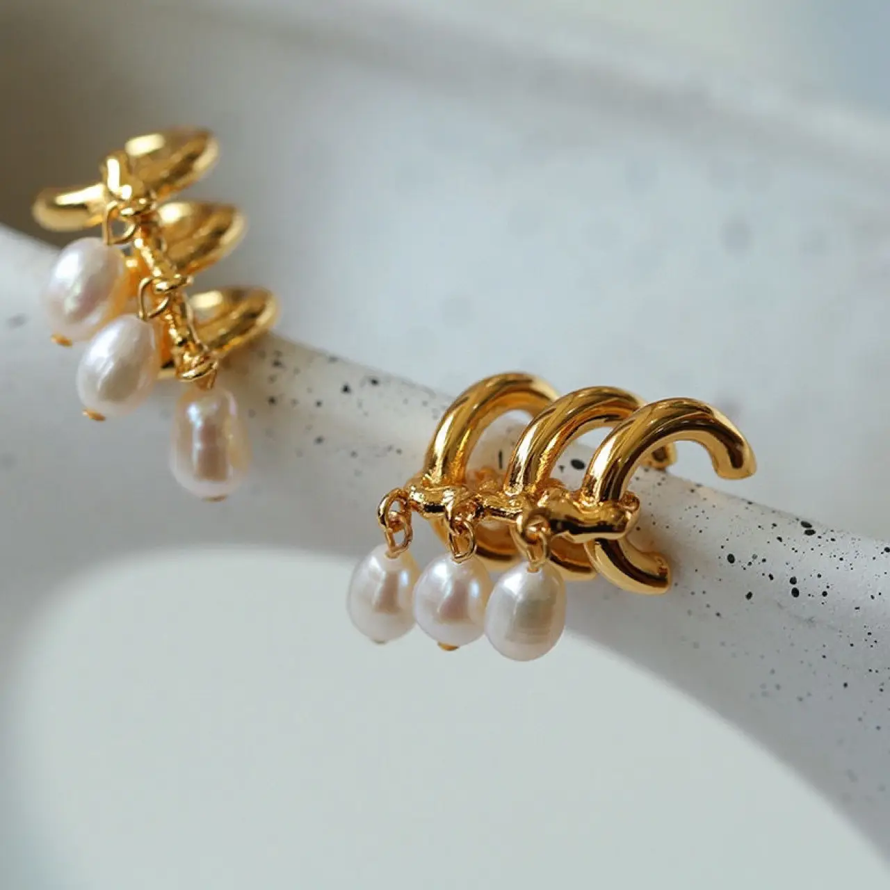 Gold Pearl Tricyclic Earrings for Women - Image 4