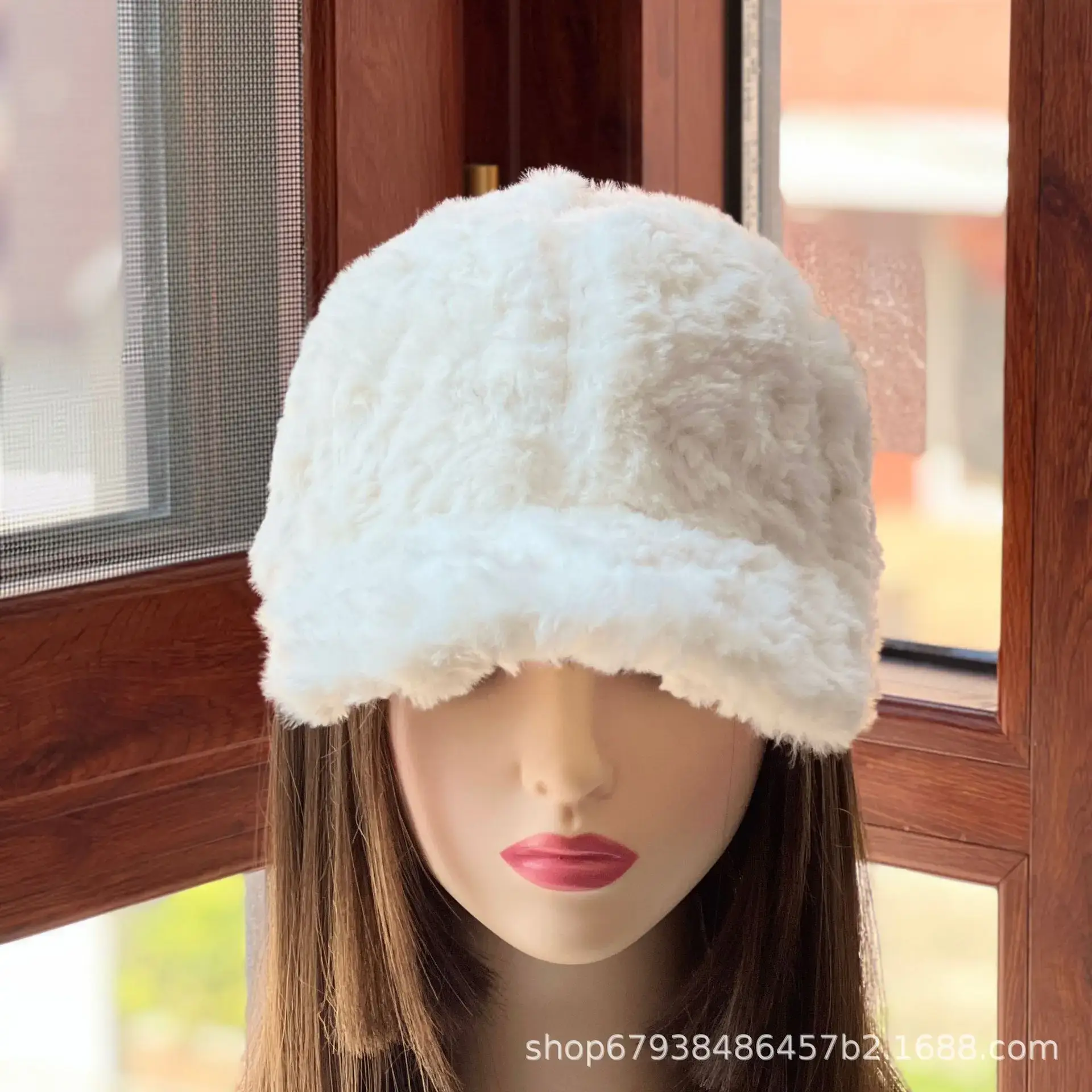 Women's White Faux Fur Beanie Cap Winter Warm - Image 9