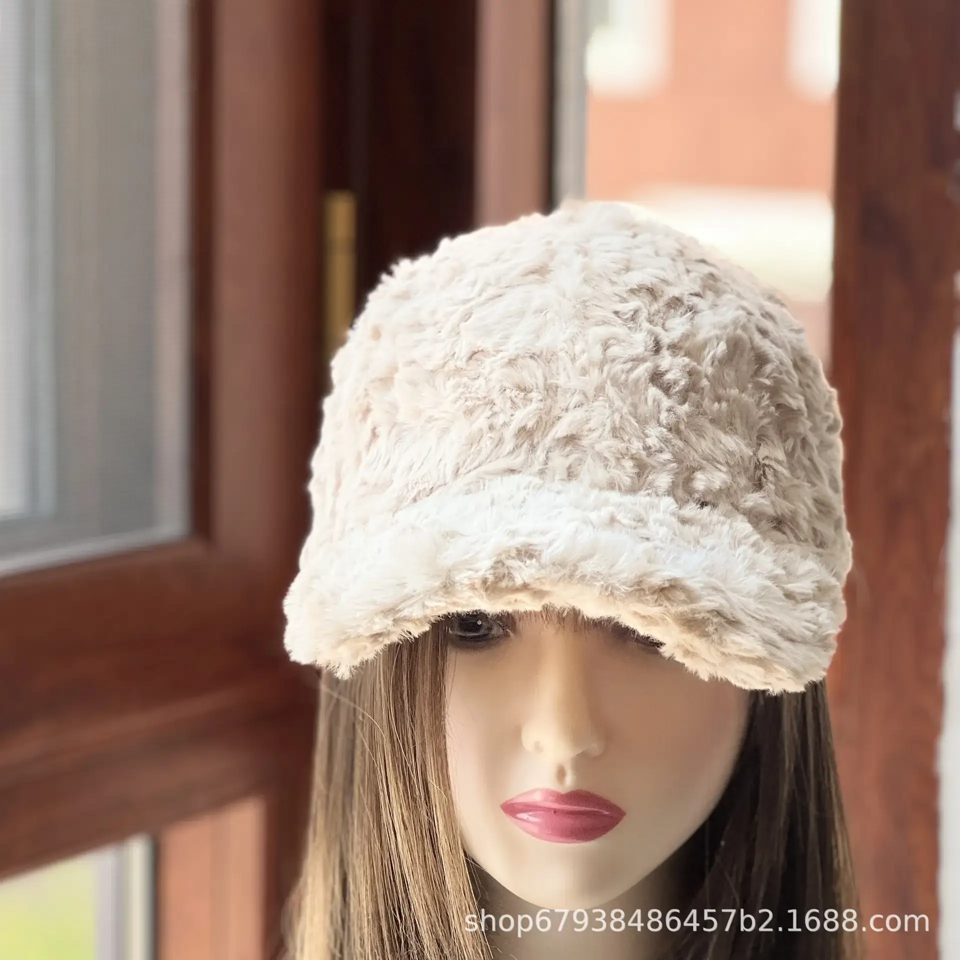 Women's White Faux Fur Beanie Cap Winter Warm - Image 5