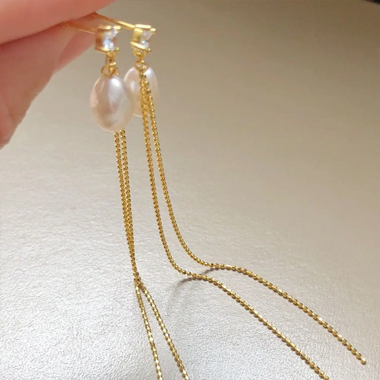 925 Silver Pearl Tassel Earline Baroque Earrings