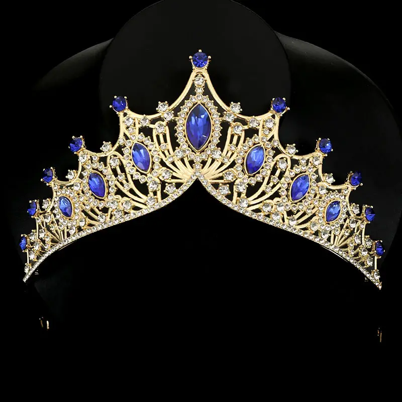 Crystal Crown Headband for Bridal Wear Gold Blue - Image 4