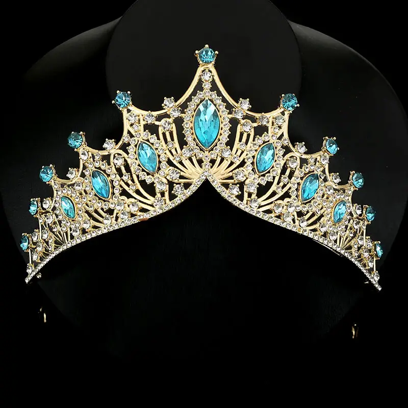 Crystal Crown Headband for Bridal Wear Gold Blue - Image 5