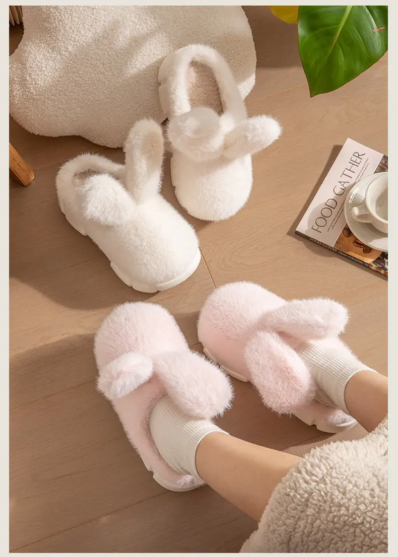 Big Ear Rabbit cotton slippers women's autumn and winter thick bottom non-slip indoor home cute rabbit furry slippers closed toe warm — feature 12
