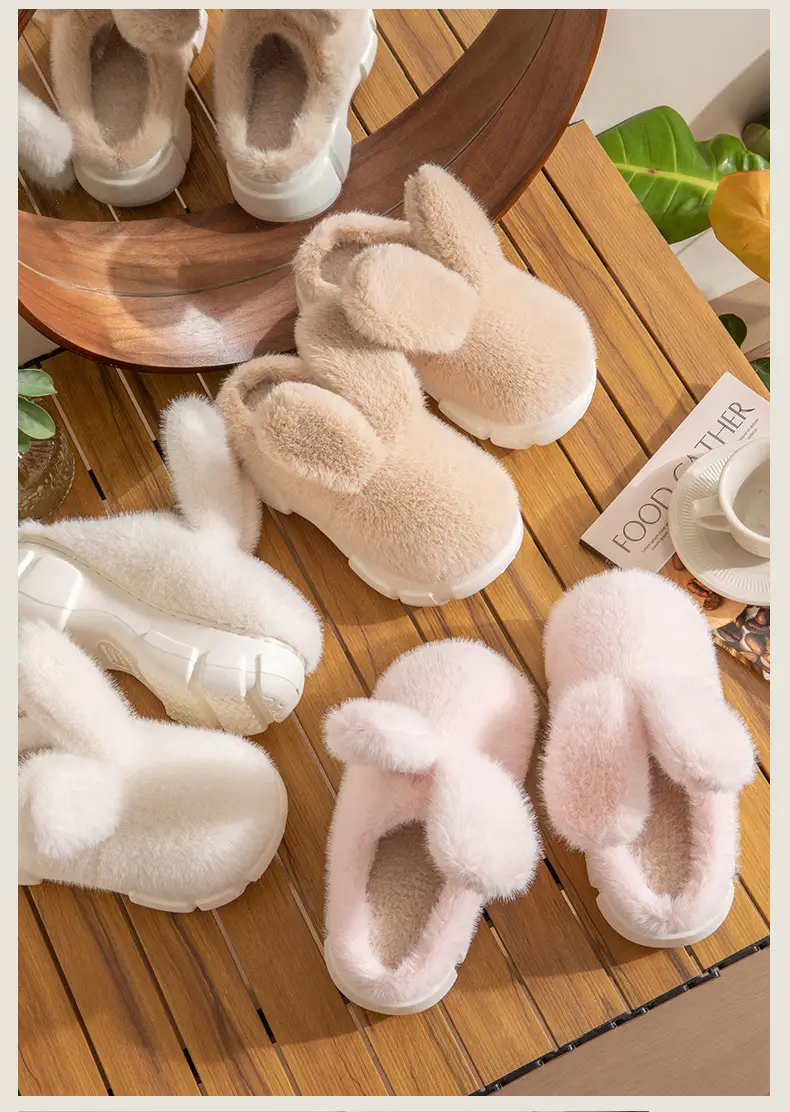 Big Ear Rabbit cotton slippers women's autumn and winter thick bottom non-slip indoor home cute rabbit furry slippers closed toe warm — feature 13